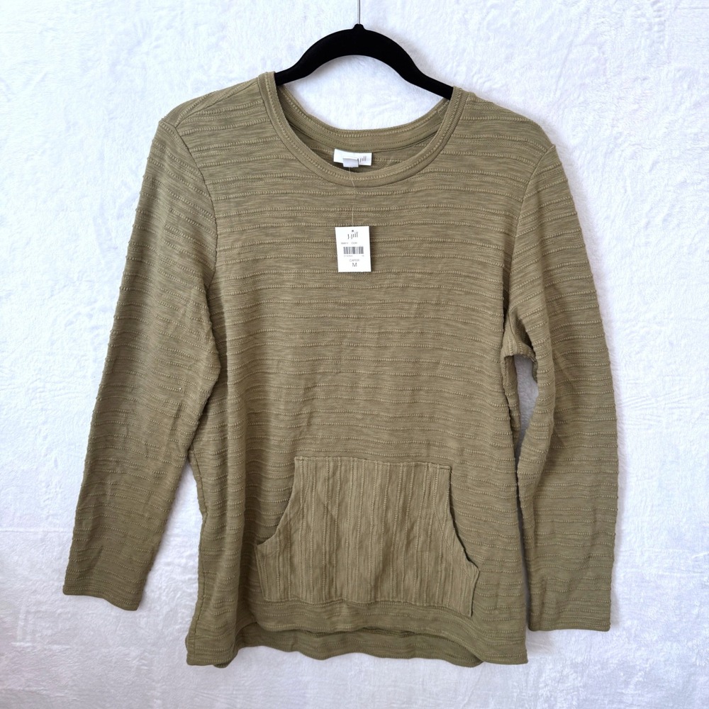 J. Jill Long Sleeve Tee Textured Kangaroo Pocket Size M Olive Green Womens